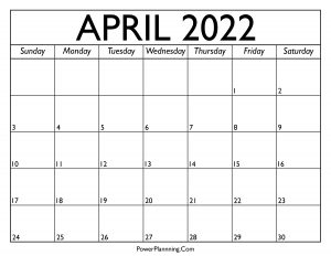 Calendar for April 2022