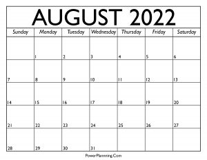 Calendar for August 2022