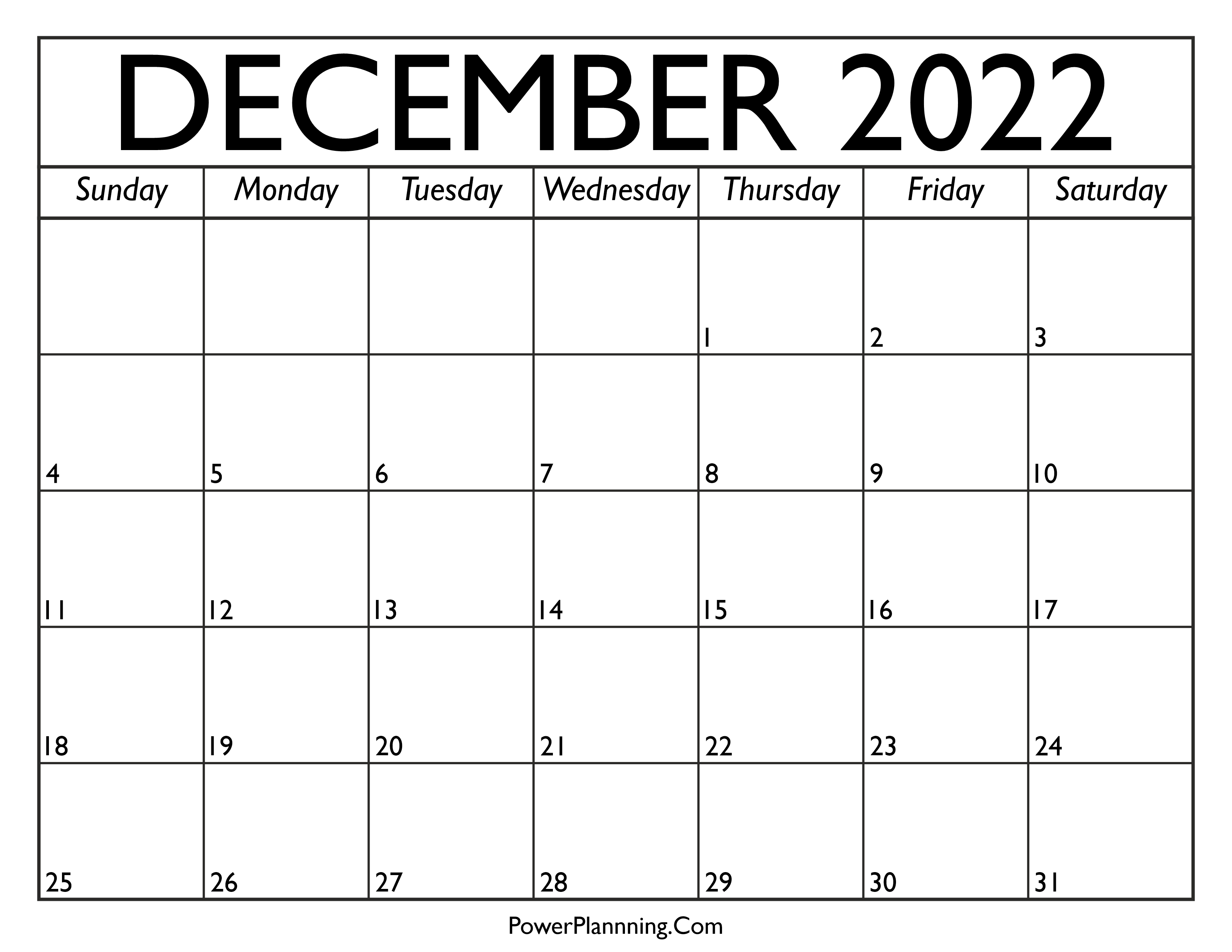 Calendar for December 2022