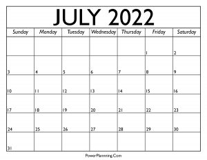 Calendar for July 2022