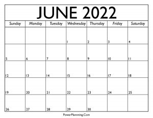 Calendar for June 2022