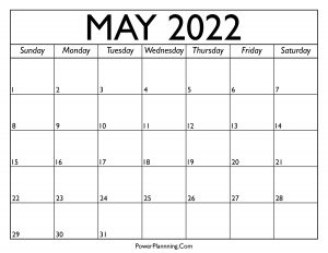 Calendar for May 2022