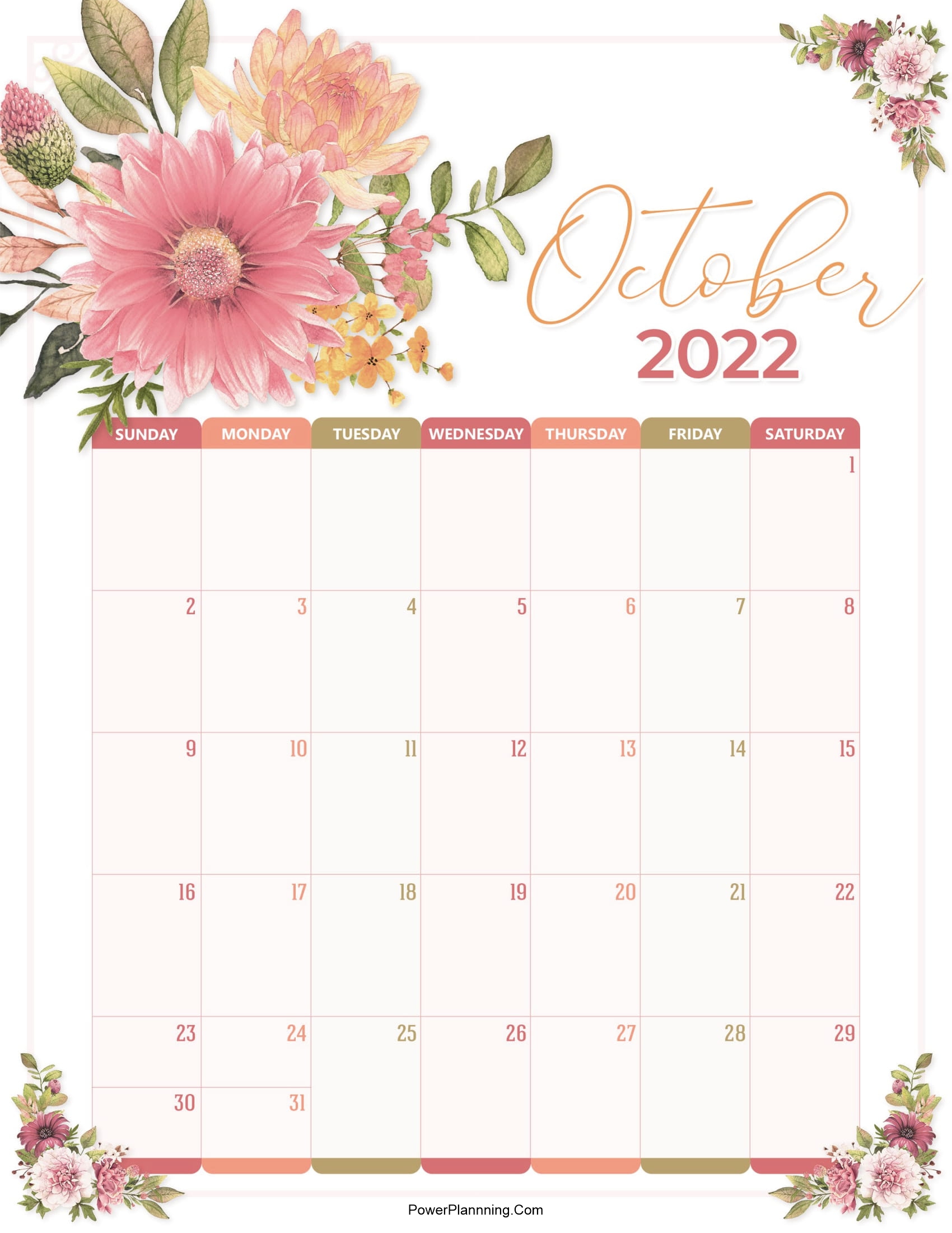 Floral October 2022 Calendar