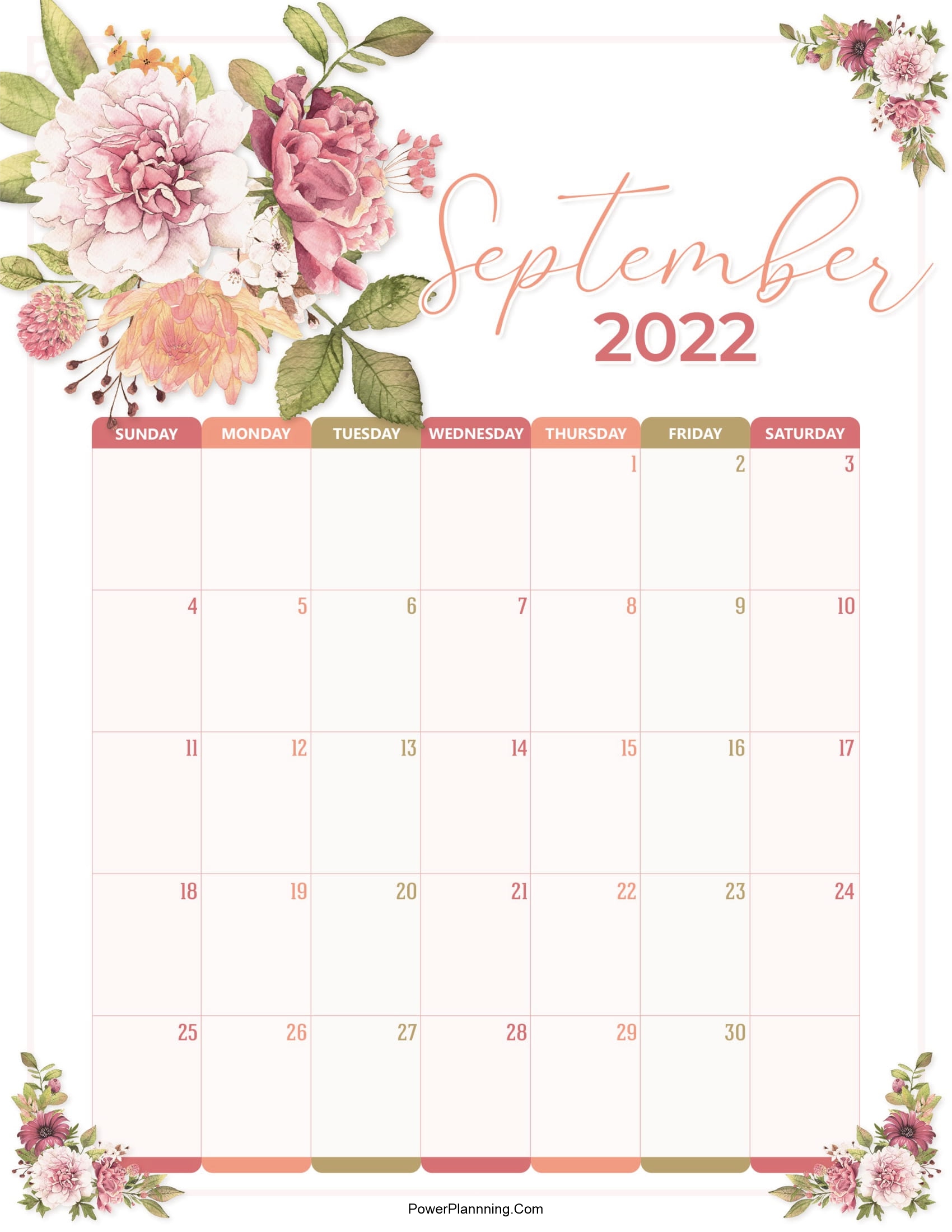 Floral September 2022 Calendar