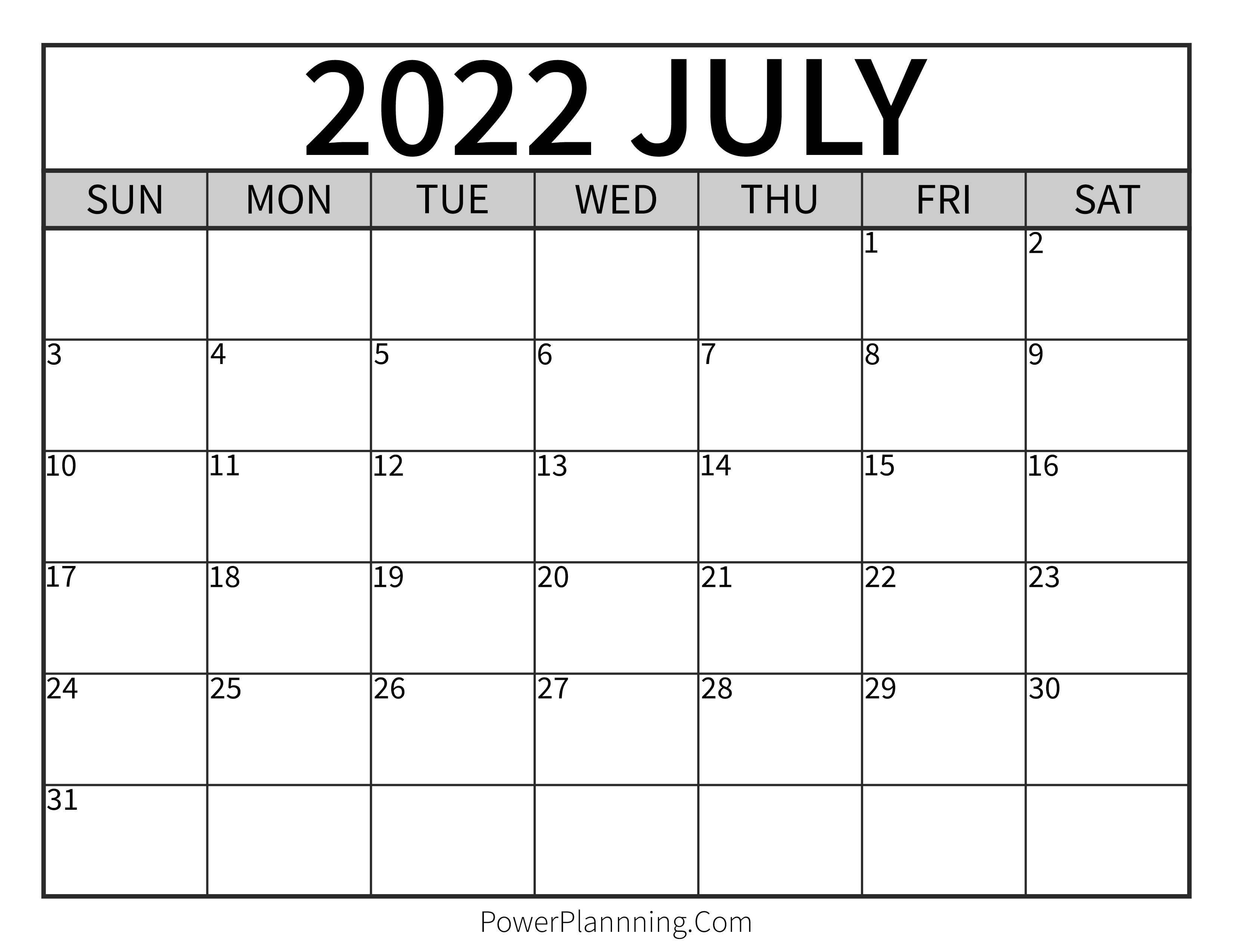 July 2022 Printable Calendar