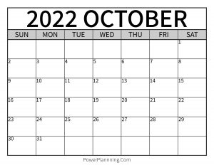 October 2022 Printable Calendar