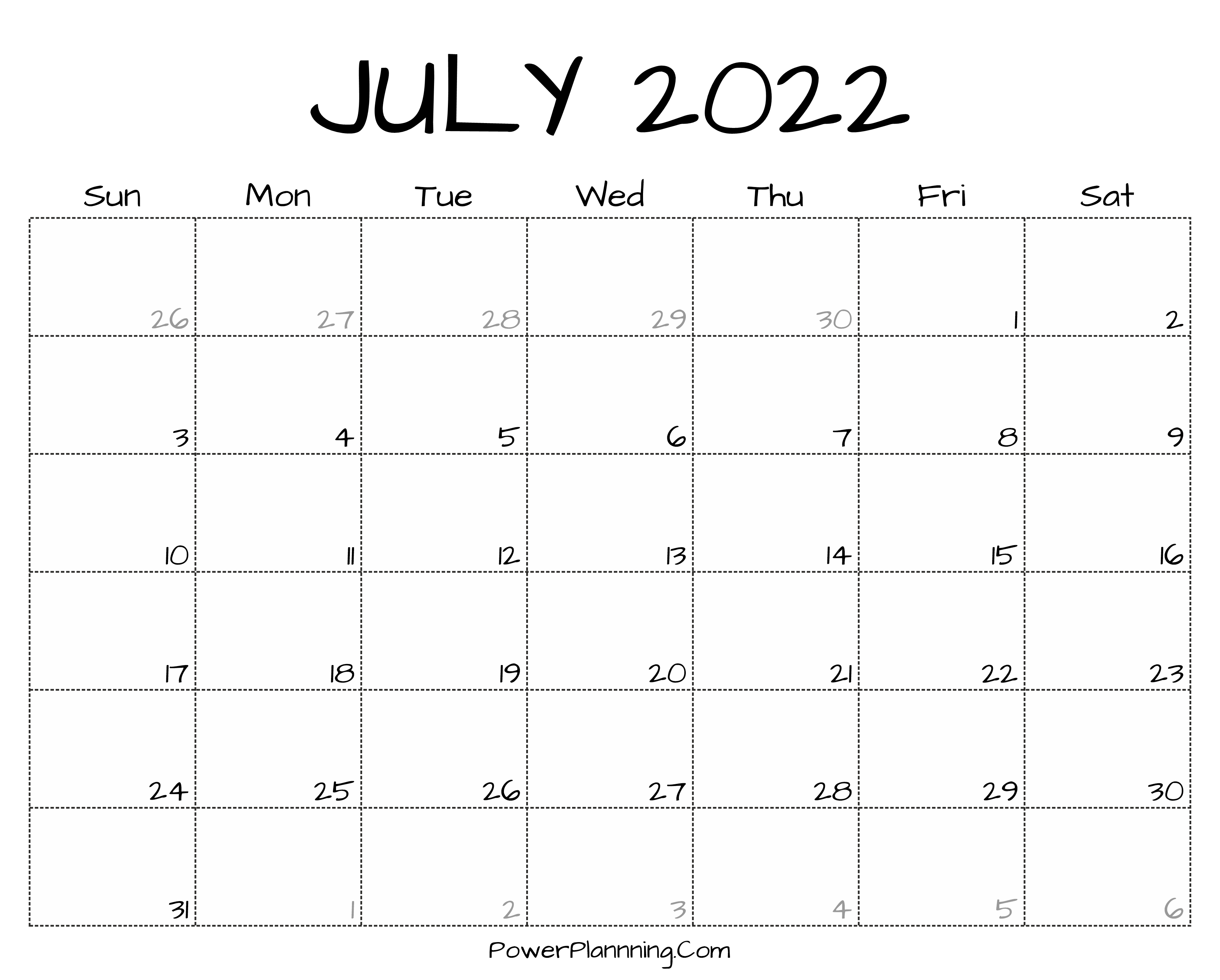 Printable July 2022 Calendar