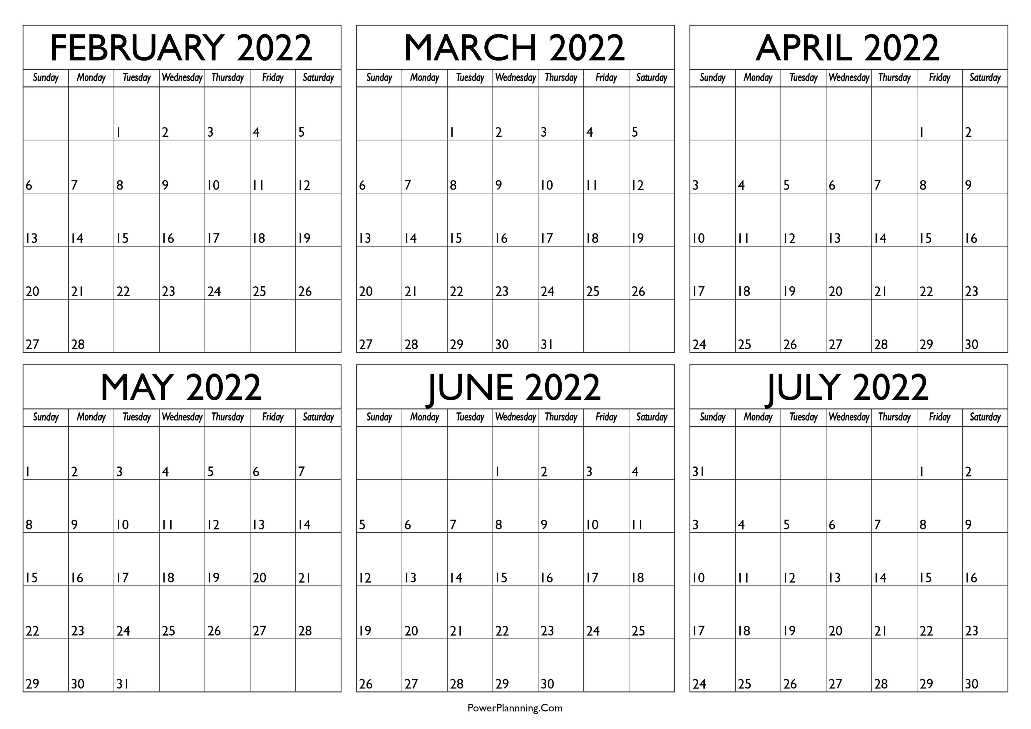 2022 February to July Calendar