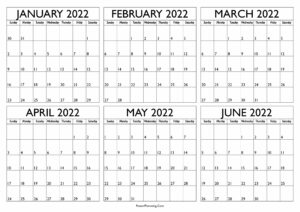 2022 January to June Calendar