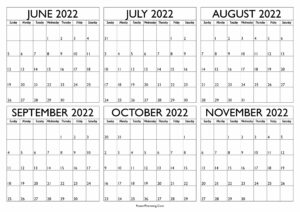 2022 June to November Calendar