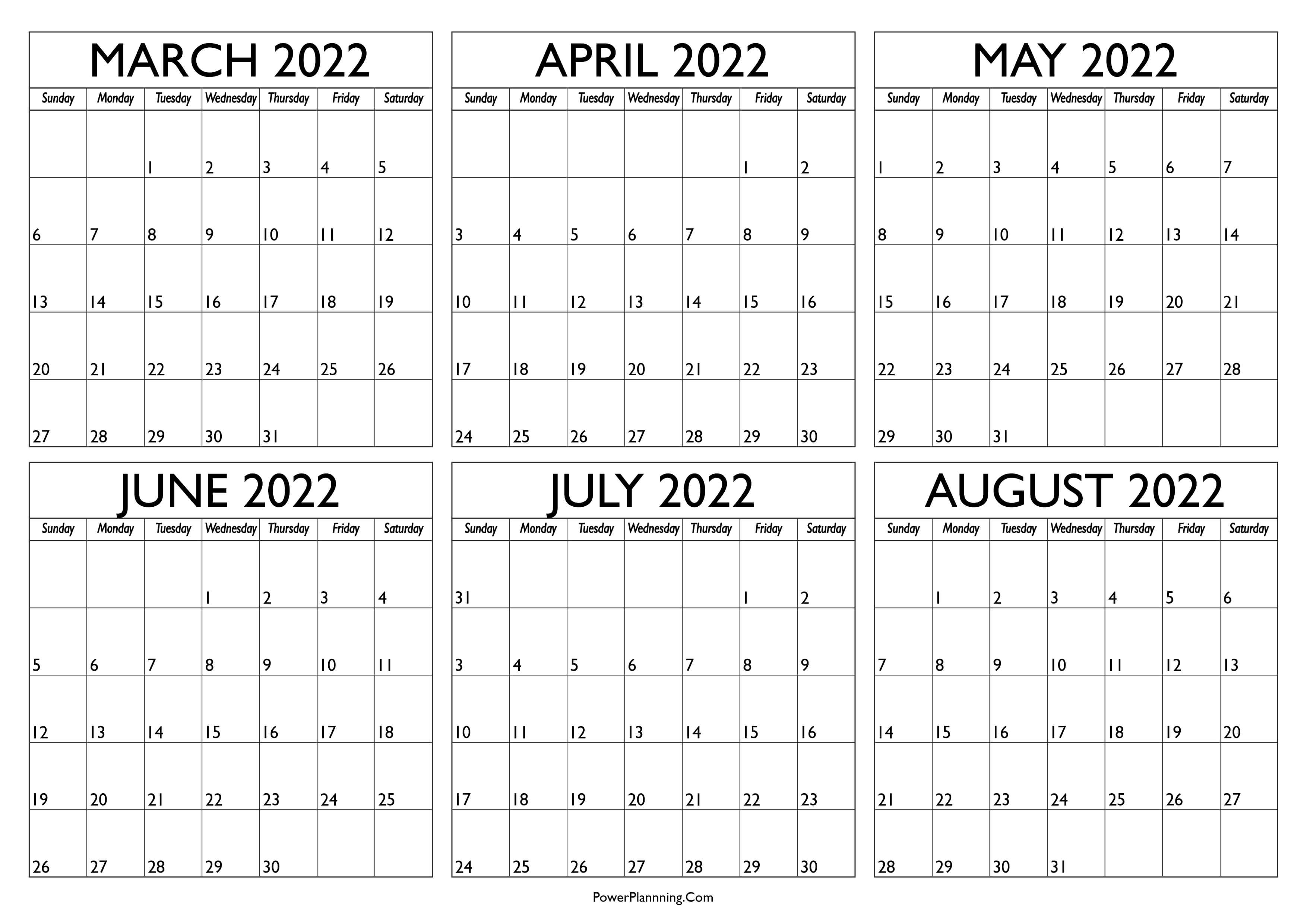 2022 March to August Calendar