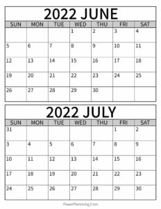 Calendar 2022 June July