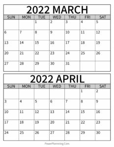 Calendar 2022 March April