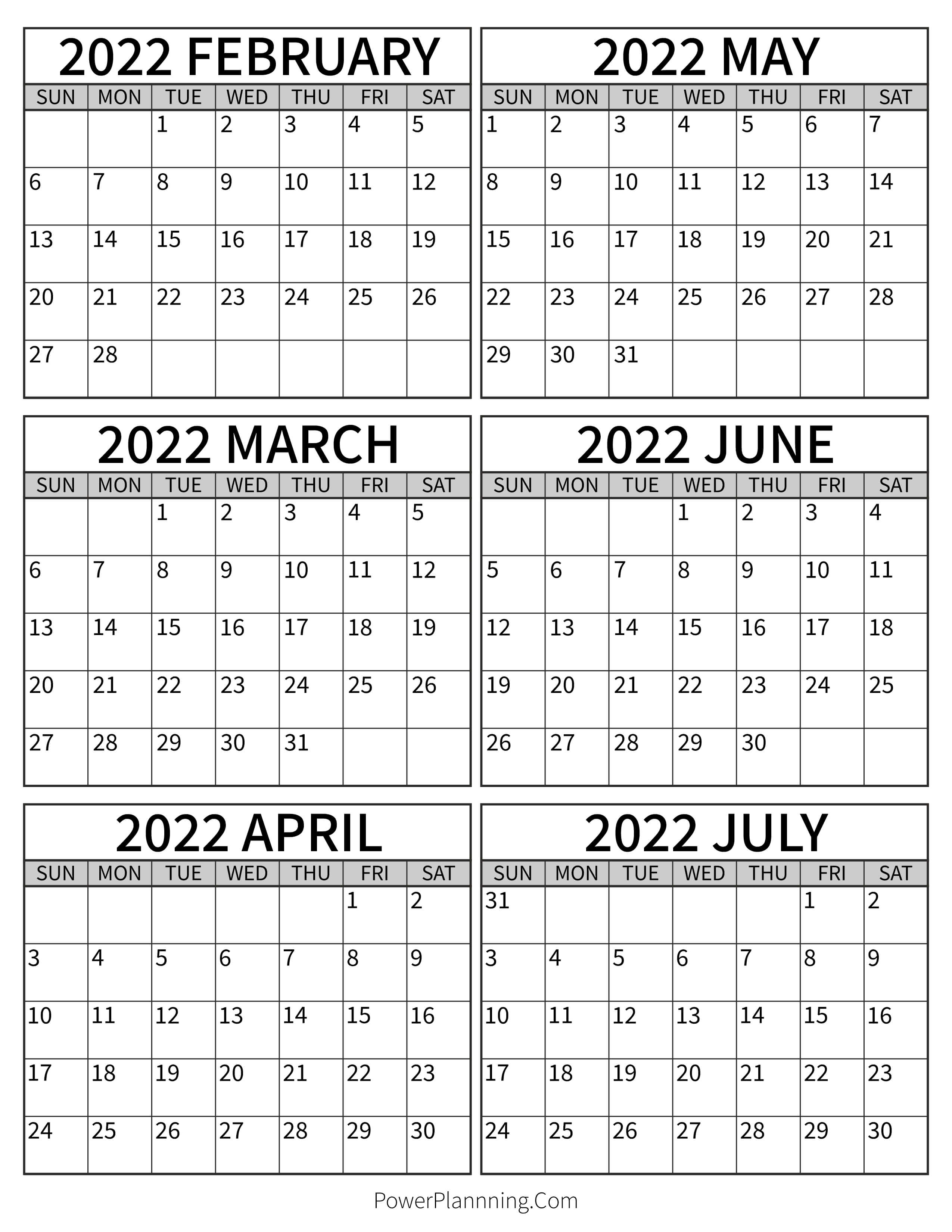 Calendar February to July 2022