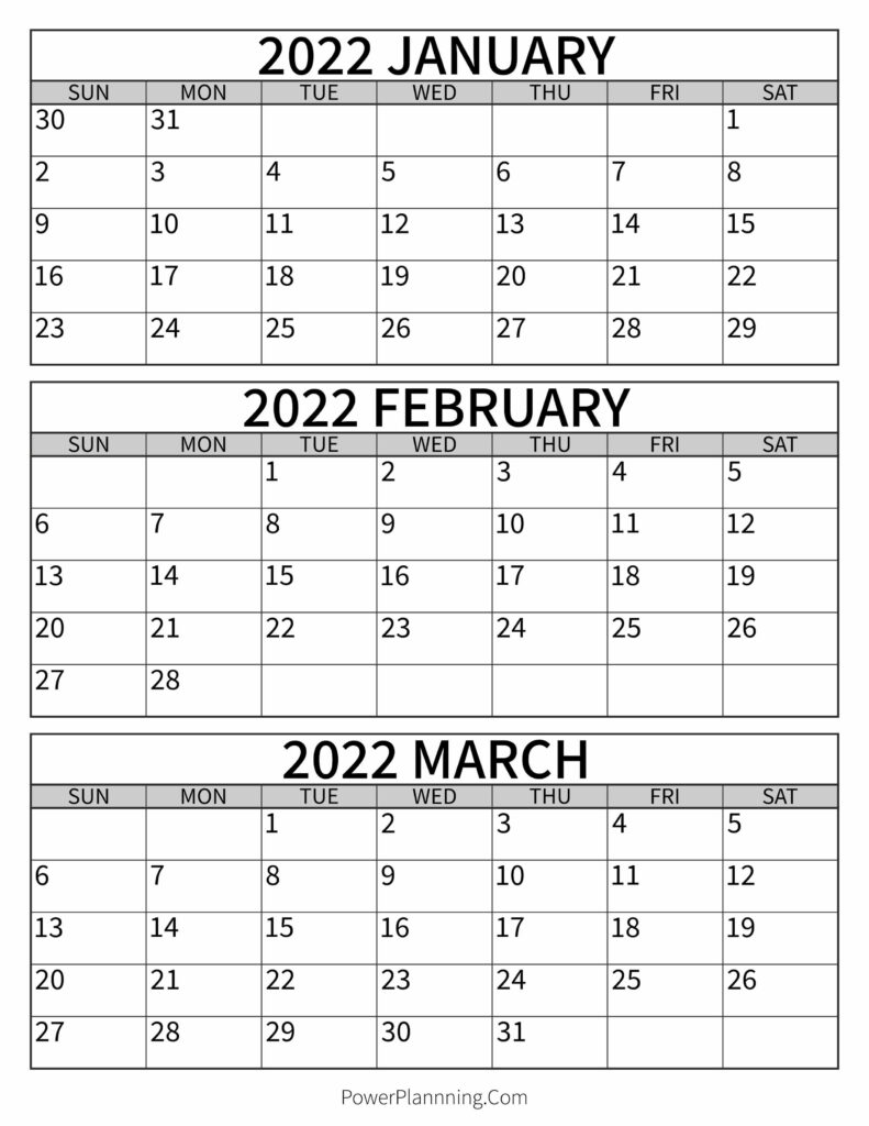 Printable January February March 2022 Calendar Free Templates