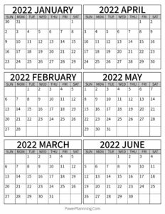 Calendar January to June 2022