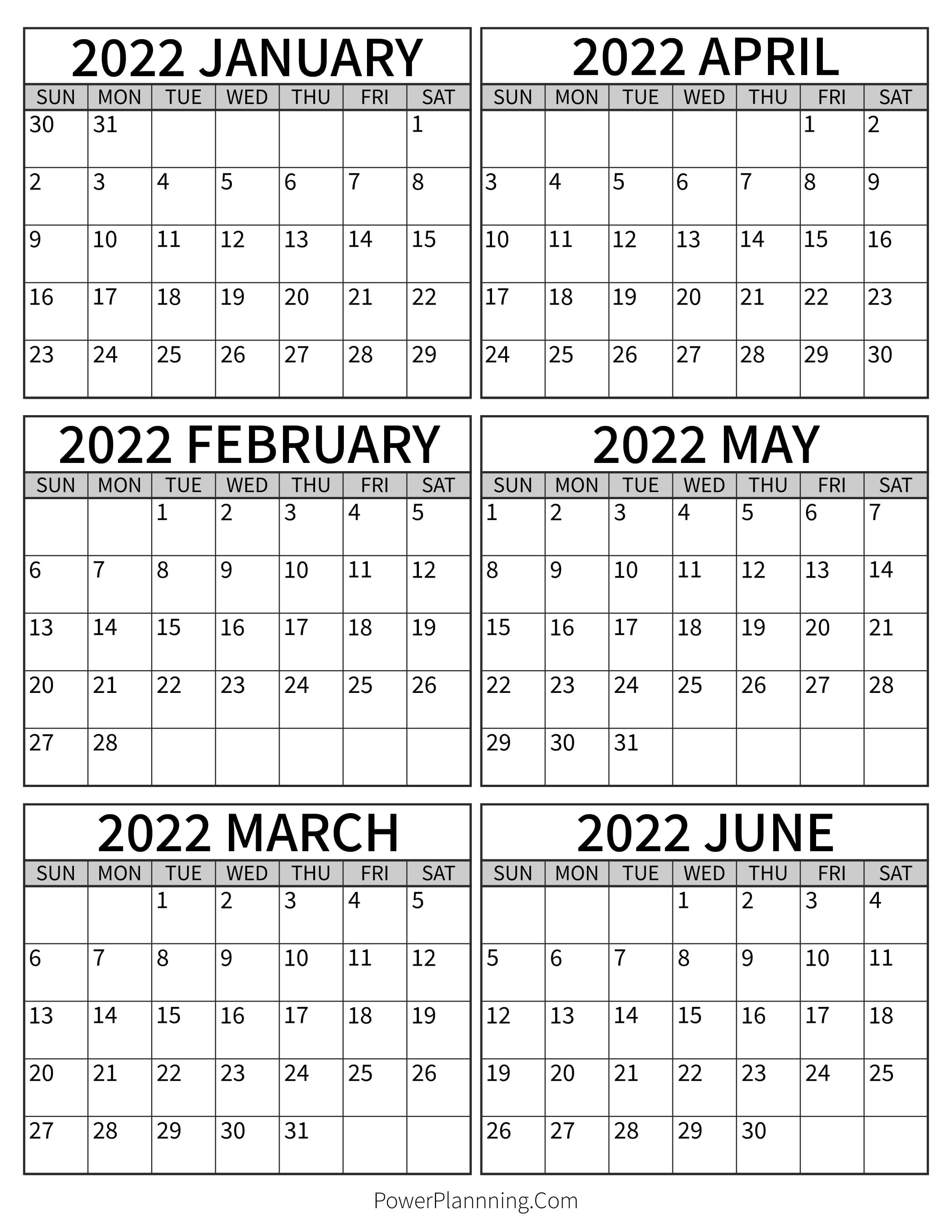 Calendar January to June 2022