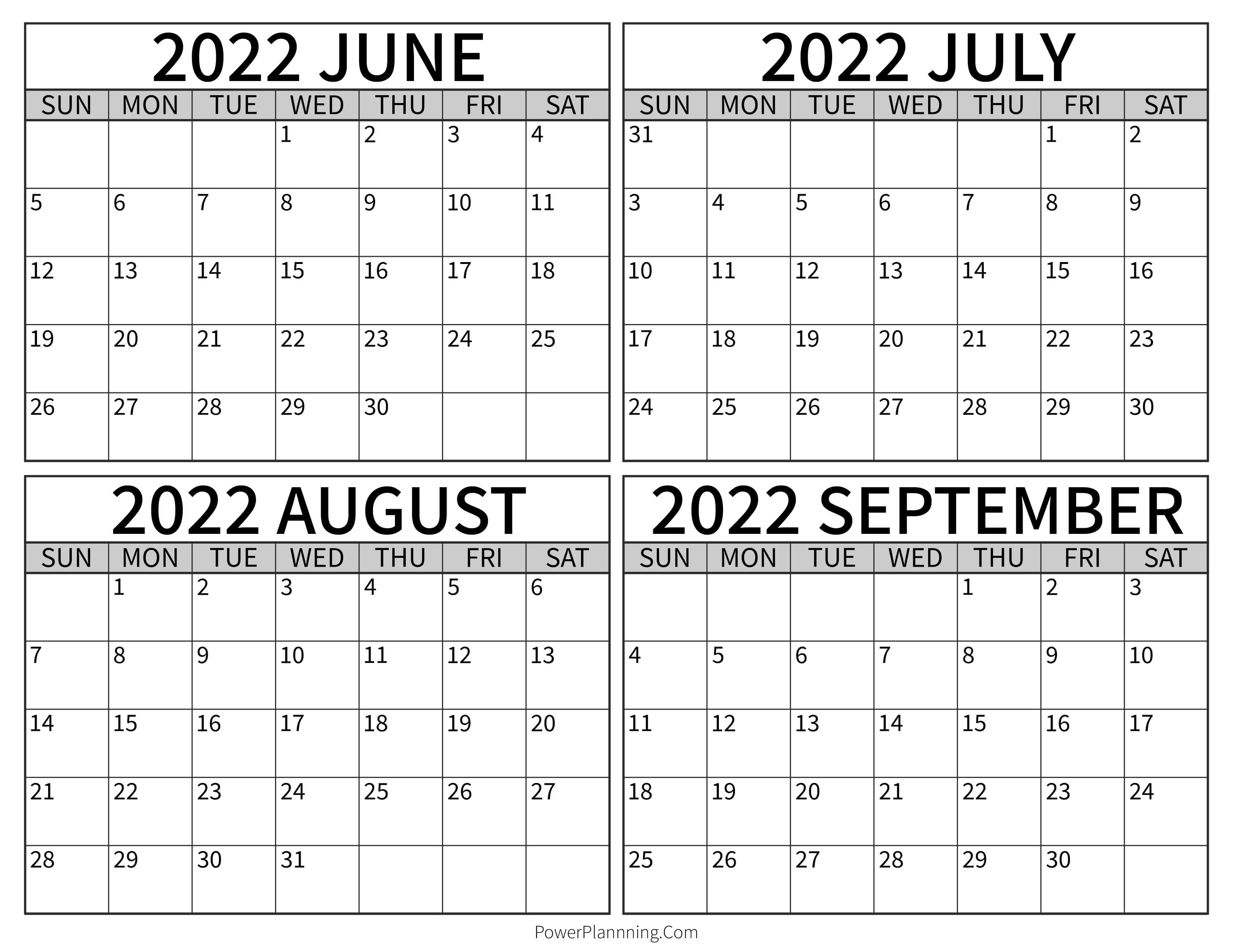 Calendar June to September 2022