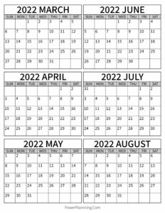 Calendar March to August 2022