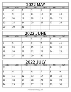 Calendar May June July 2022