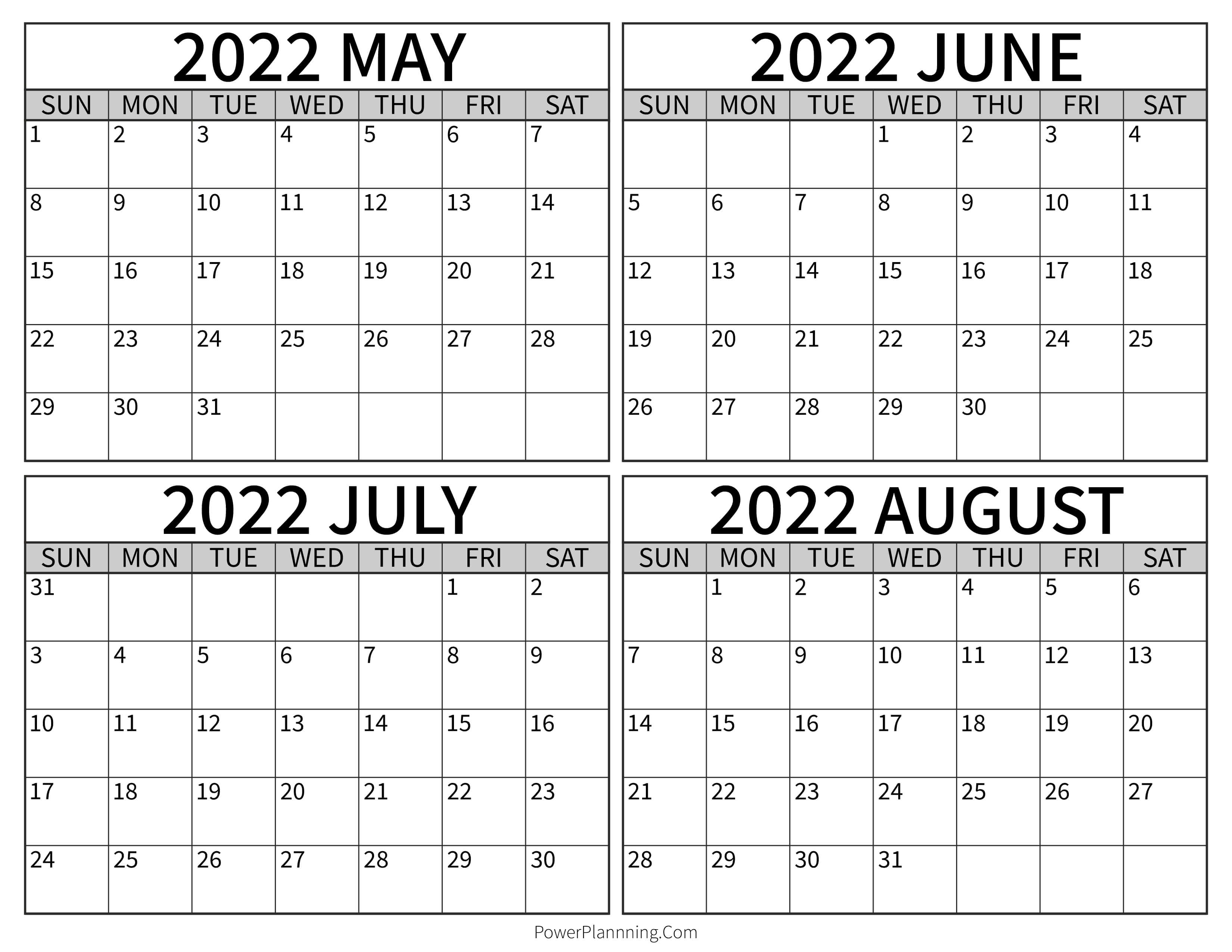 Calendar May to August 2022