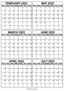 February to July 2022 Calendar