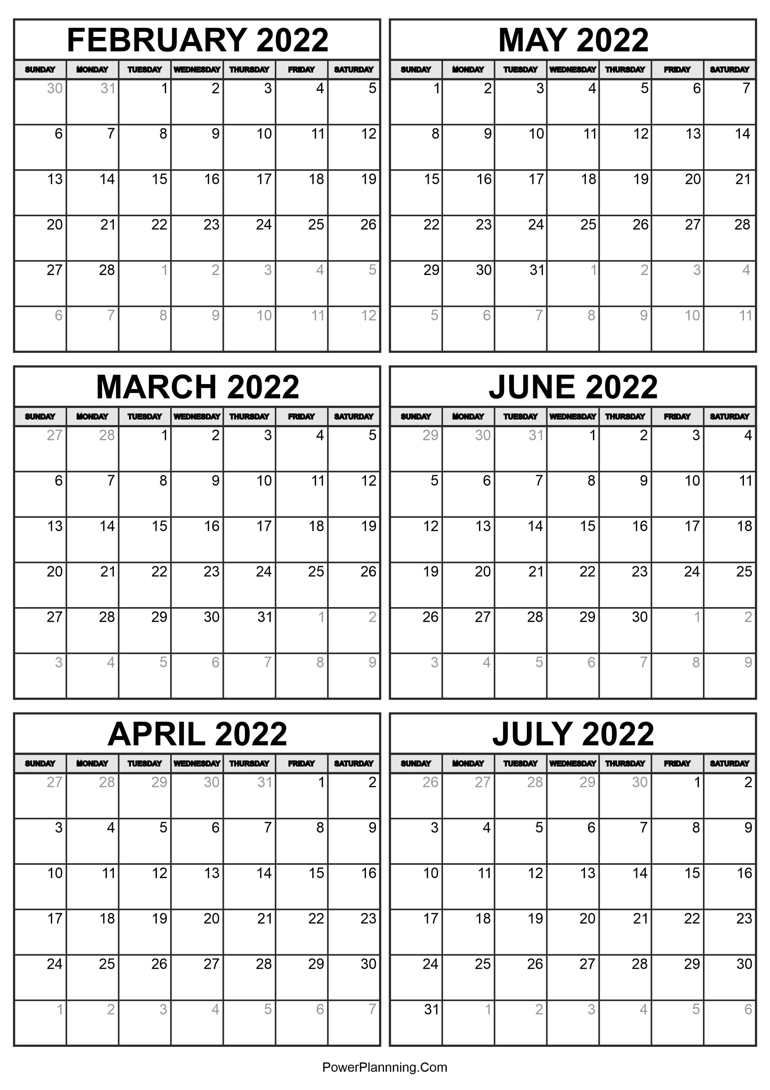 February to July 2022 Calendar