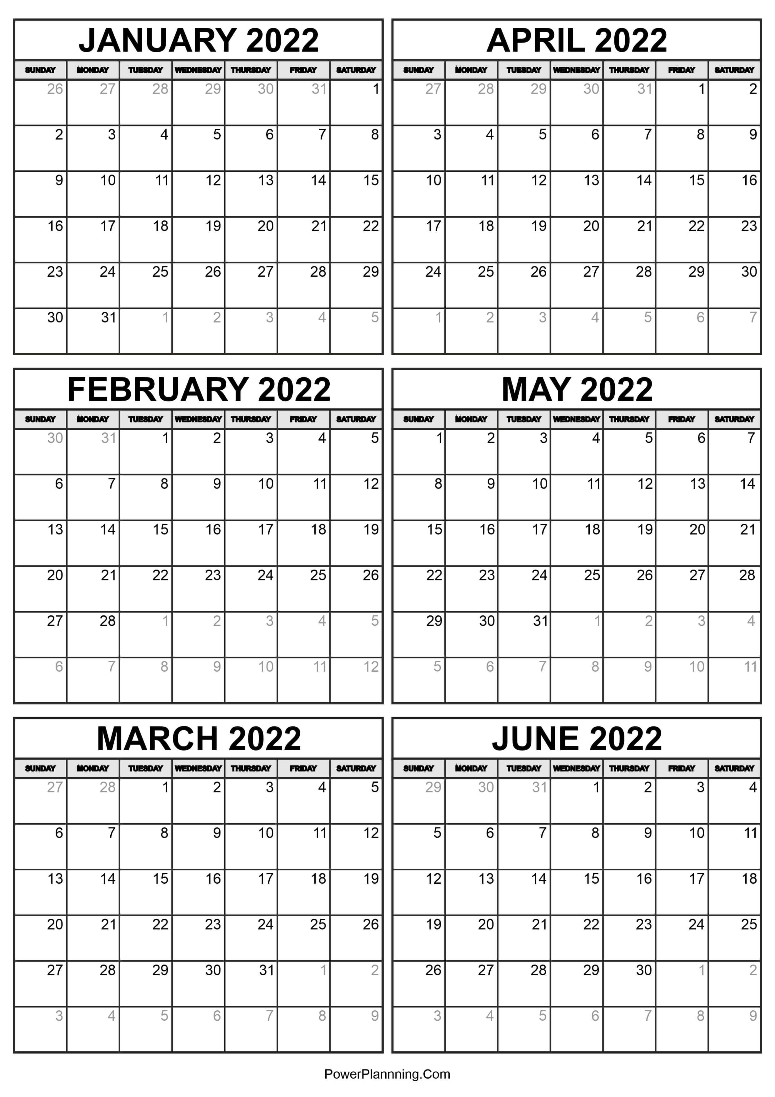 January to June 2022 Calendar