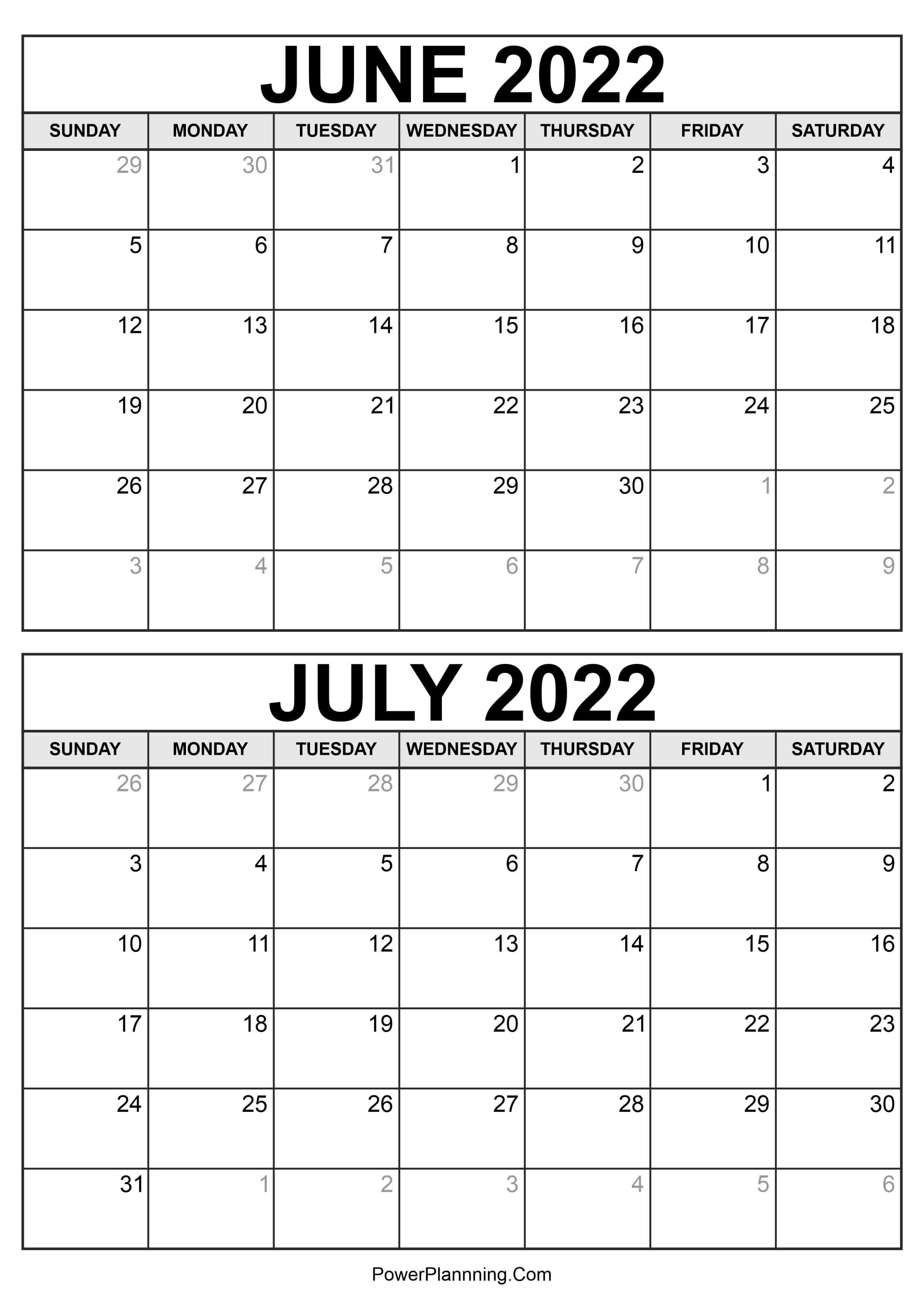 Printable June July 2022 Calendar Free Templates