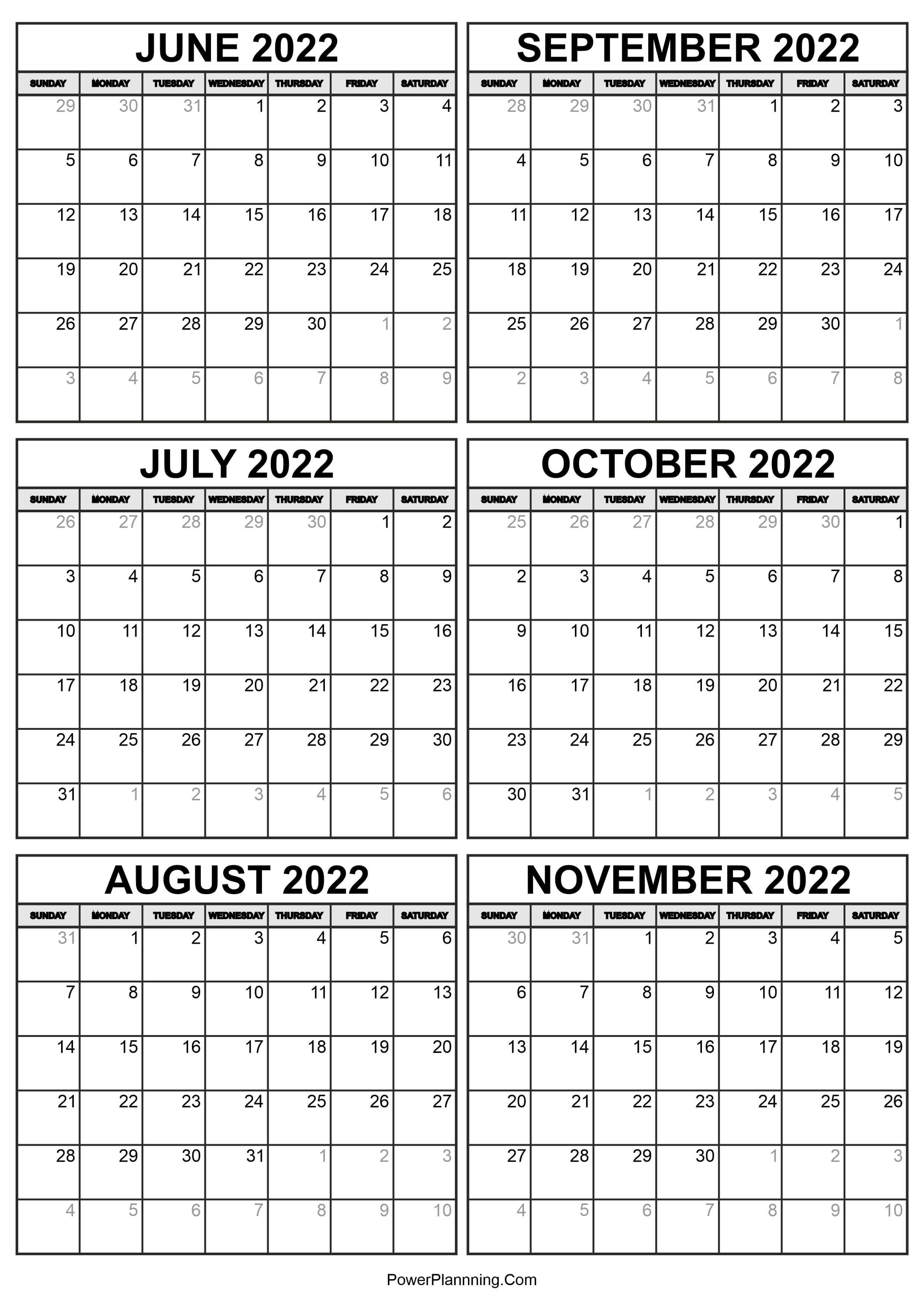 Printable June To November 2022 Calendar Free Templates