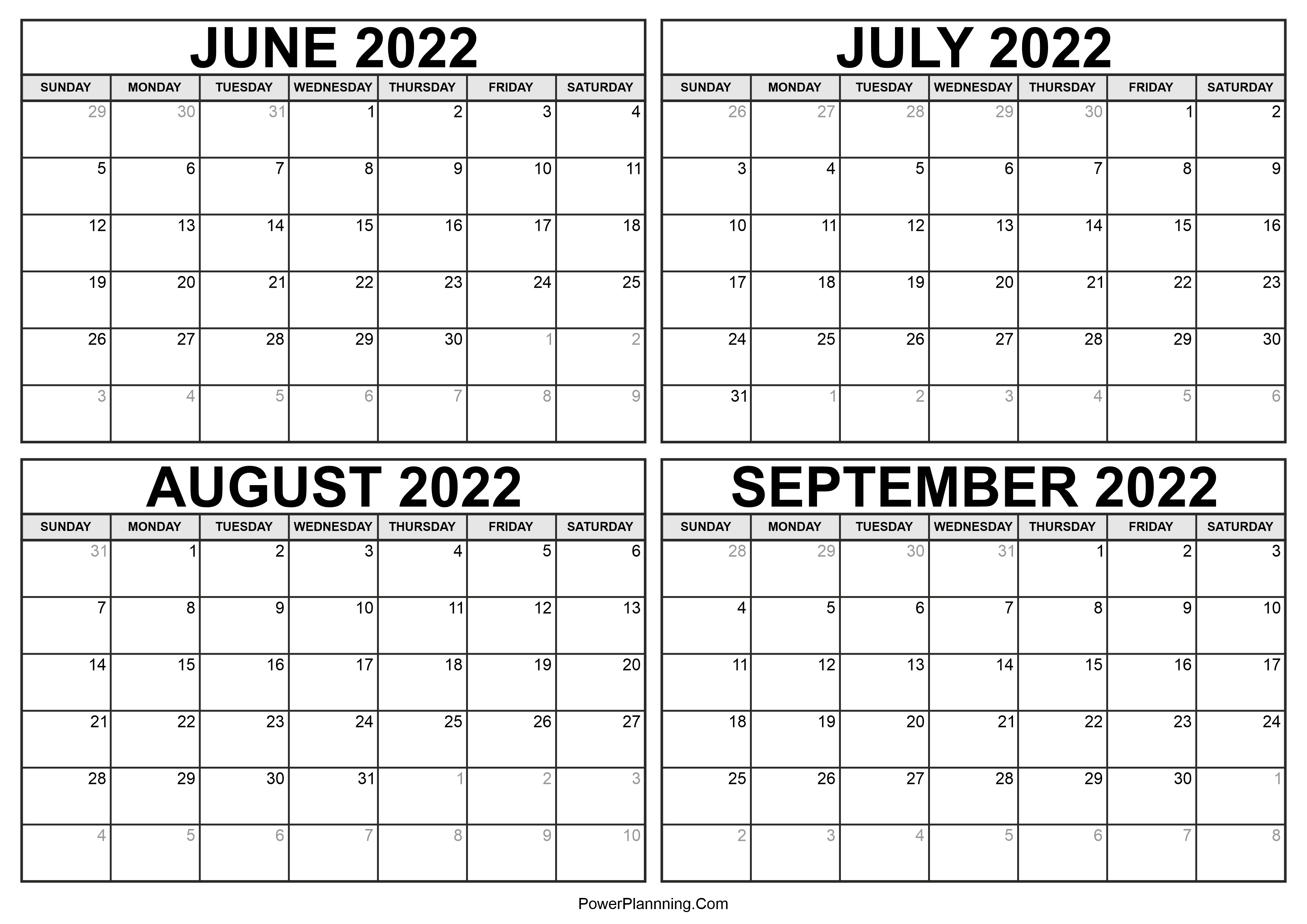 June to September 2022 Calendar