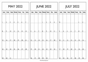 May June and July Calendar 2022