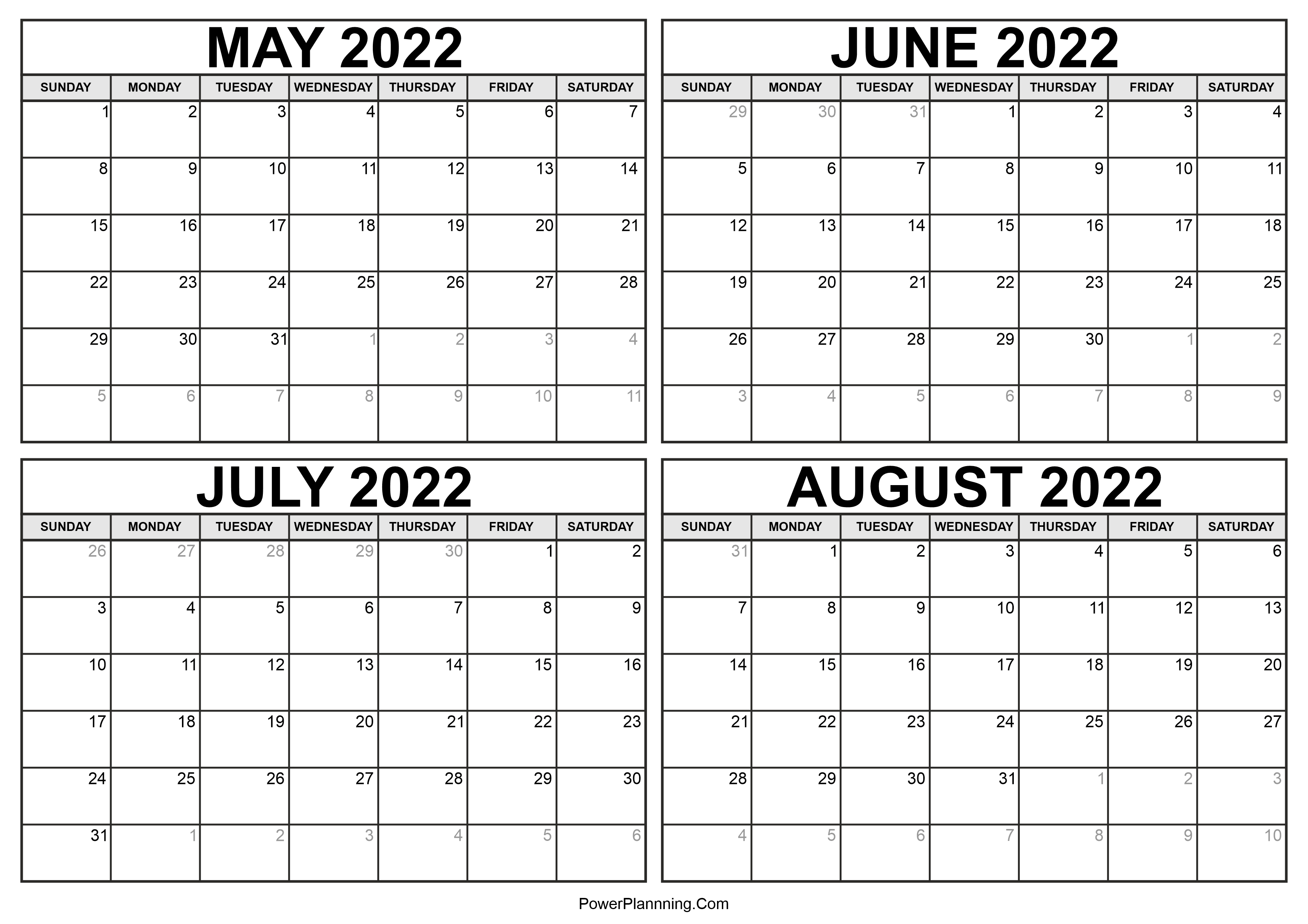 May to August 2022 Calendar