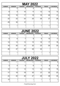 May to July 2022 Calendar