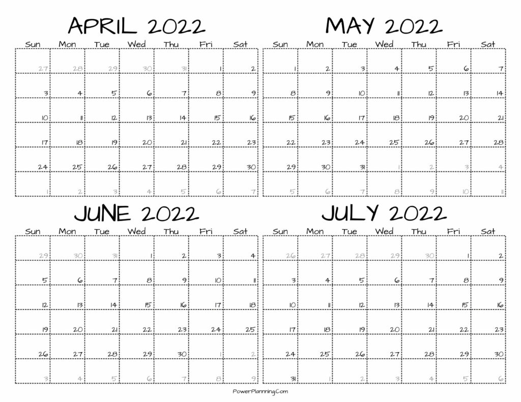 Printable April to July 2022 Calendar Free Templates