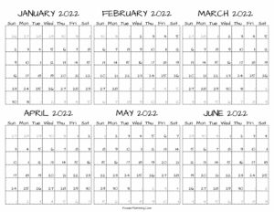 Printable January to June Calendar 2022