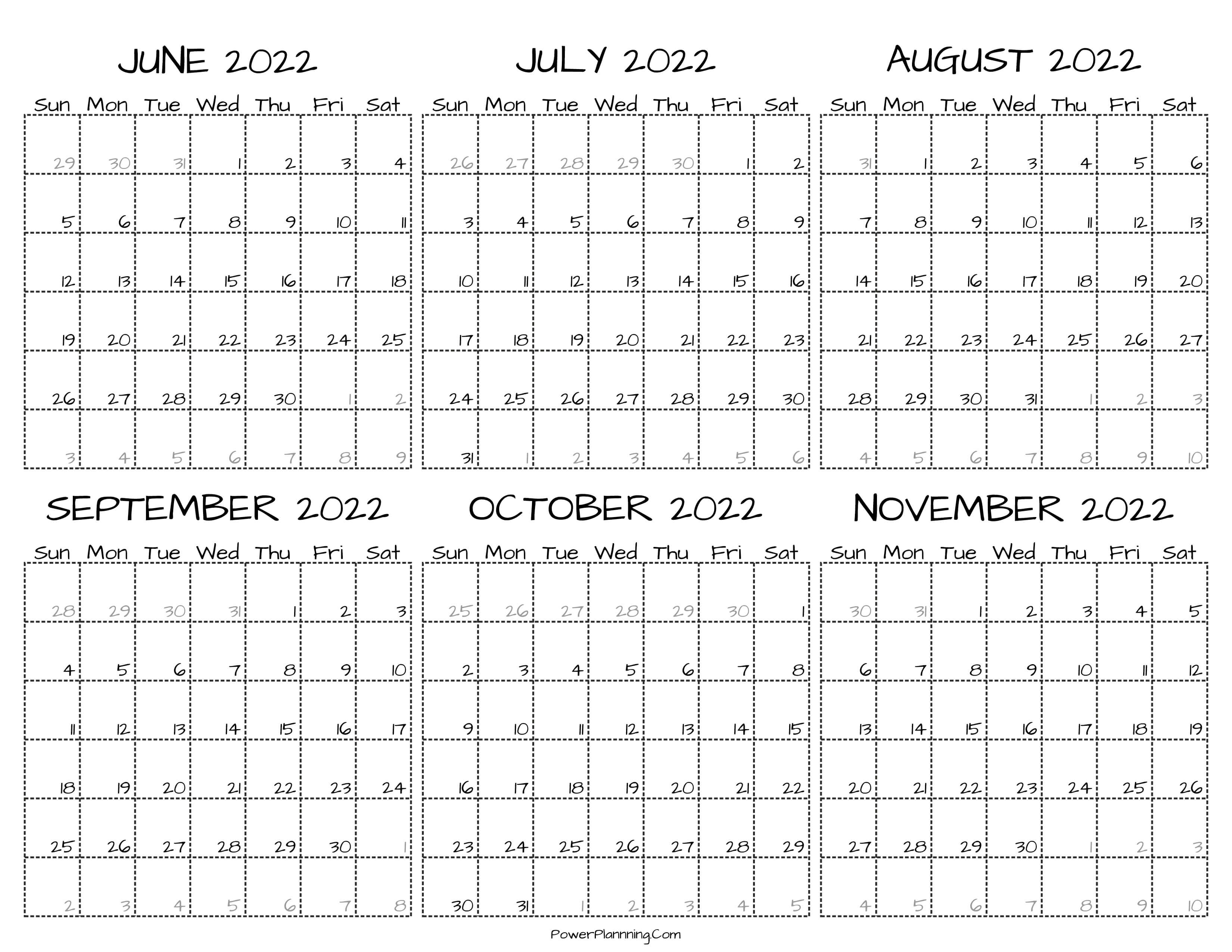 Printable June to November Calendar 2022