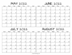 Printable May to August 2022 Calendar